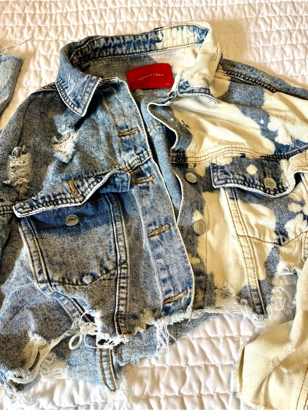 Signature Two-Tone Distressed Blue & Cream Cropped Denim Jacket